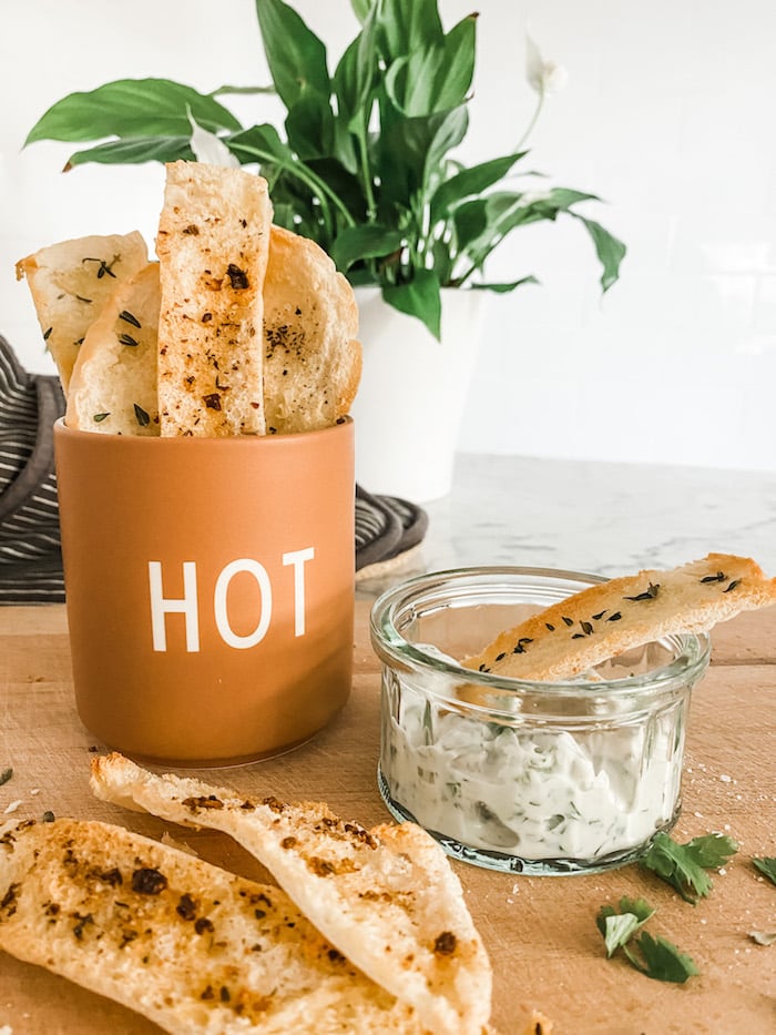 Pita Bread Crisps in a cup served with a dip