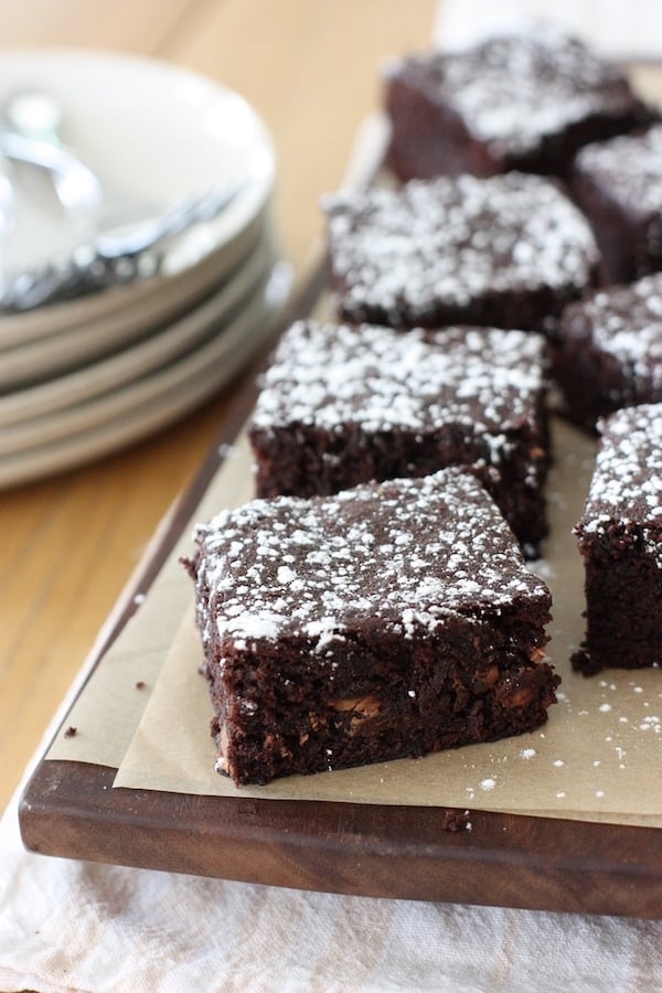 Chocolate brownies on a wooden board