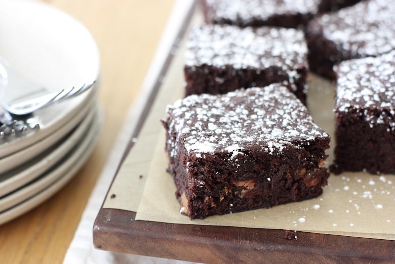 Chocolate brownies on a wooden board