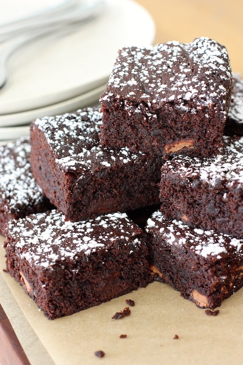 Chocolate brownies on a wooden board