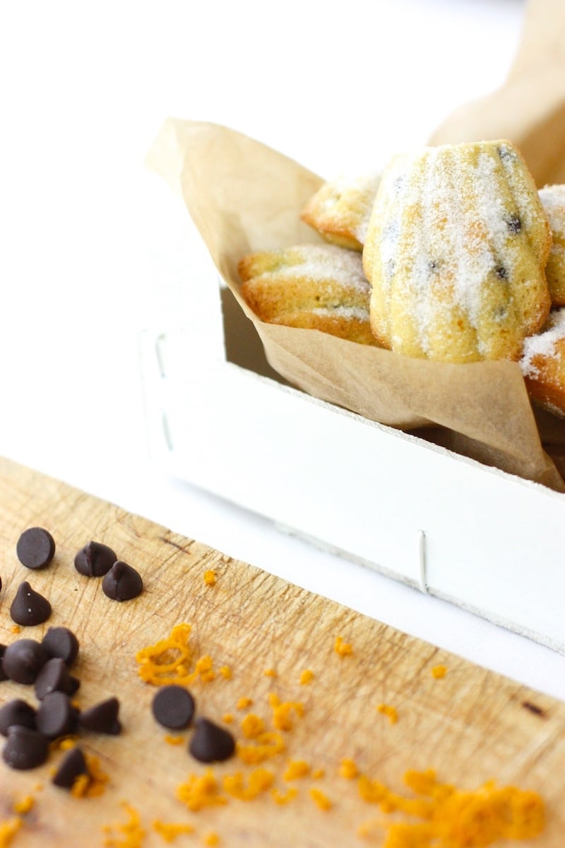 Chocolate Orange Madeleines in a white crate