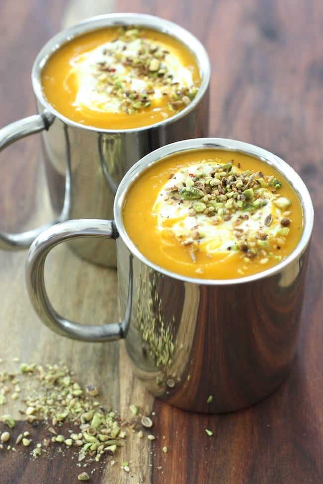 Roasted Carrot Soup in silver mugs
