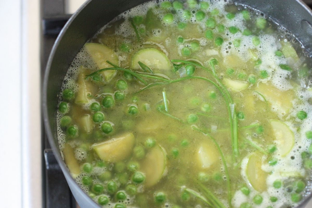 Green Pea and Courgette Soup cooking