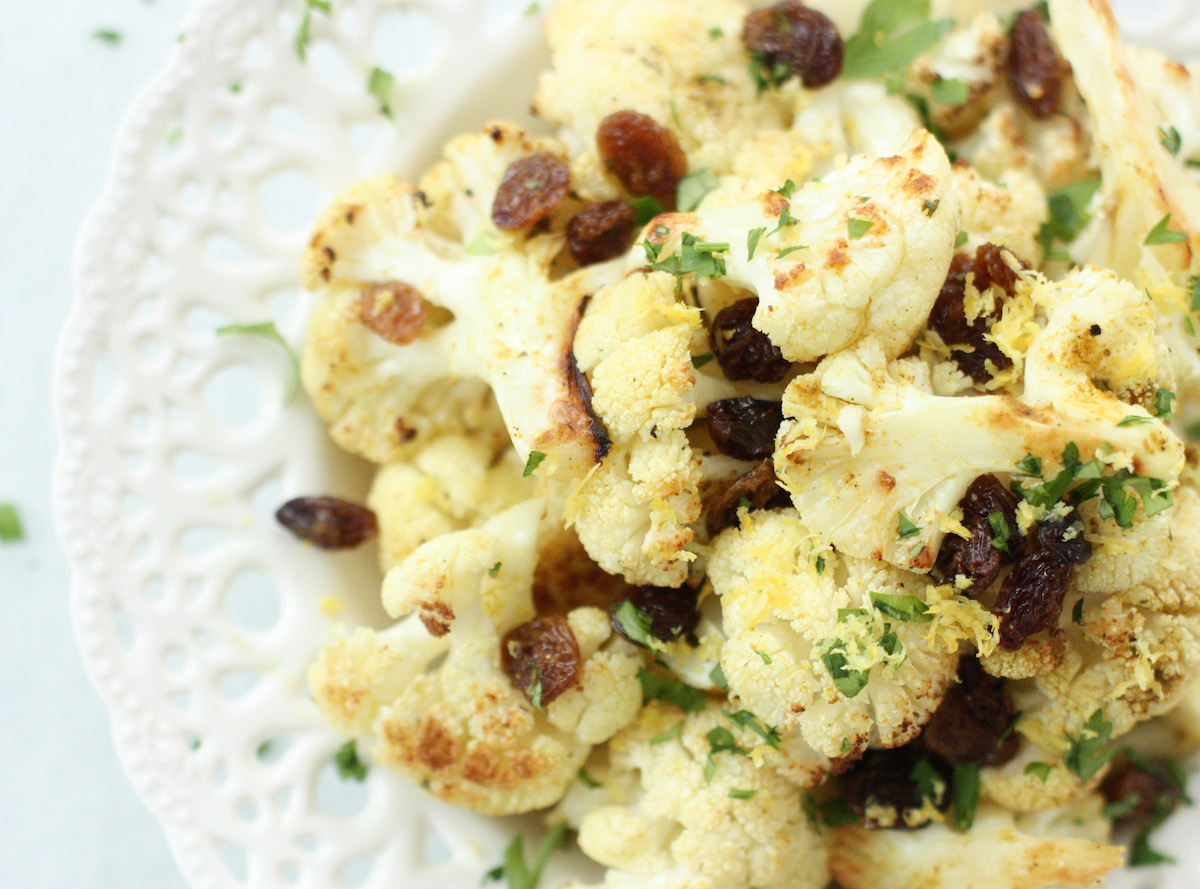 Roasted Curried Cauliflower Salad on a white dish