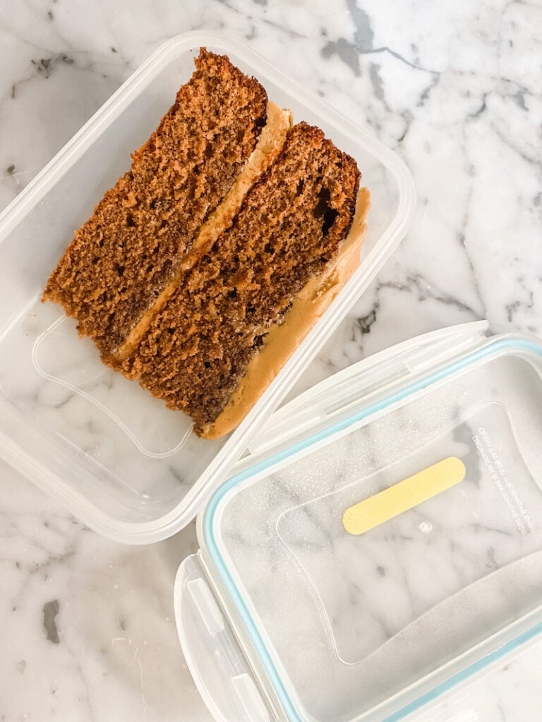 Coffee and Chocolate Layer Cake, a slice in a small plastic box