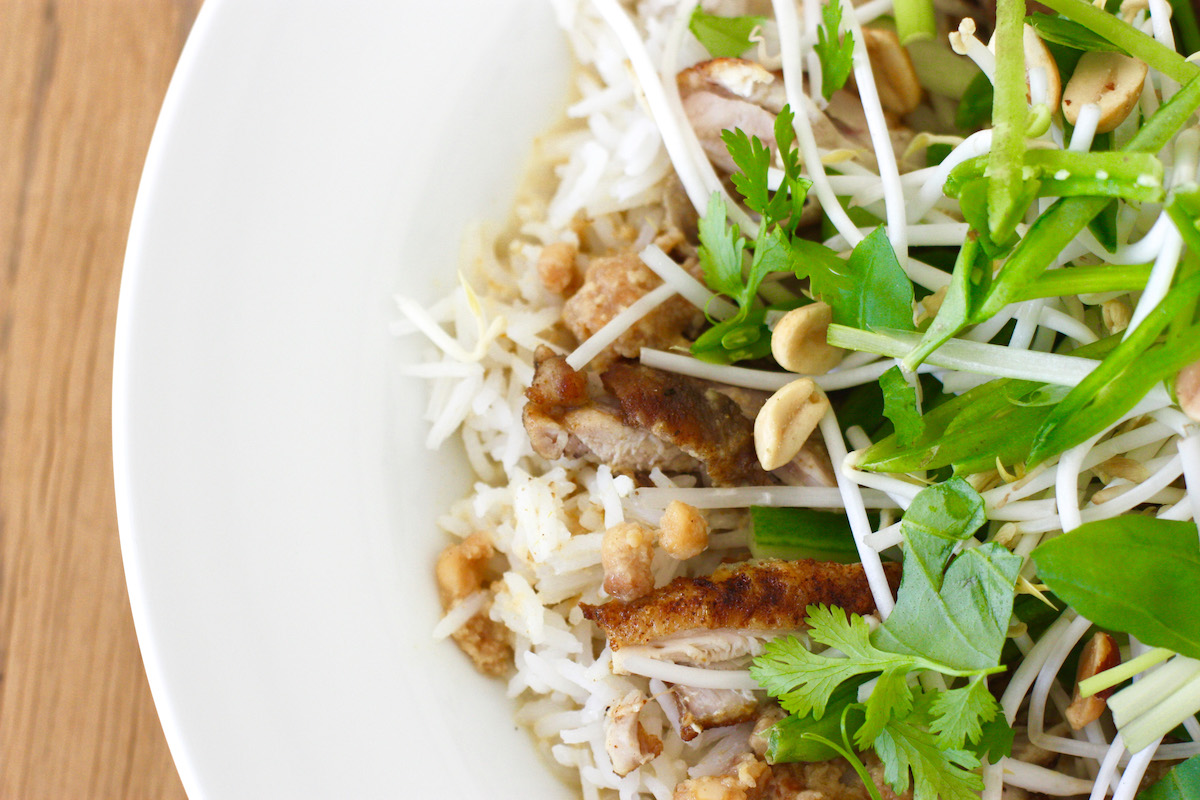 Thai Chicken Satay Rice Bowl from above