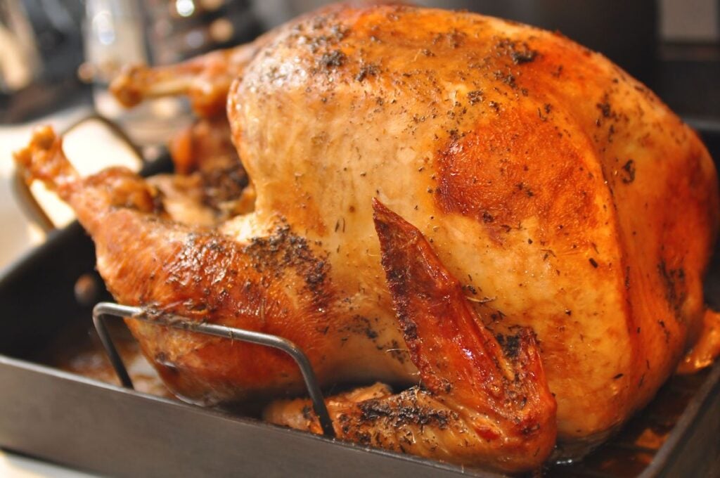 Christmas turkey in a roasting tin