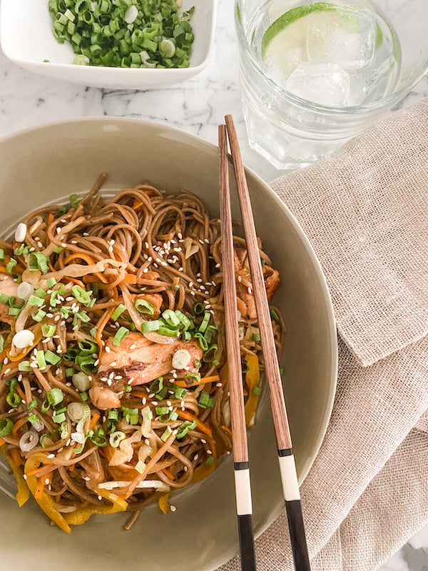 Chicken Yakisoba in a bowl with chopsticks