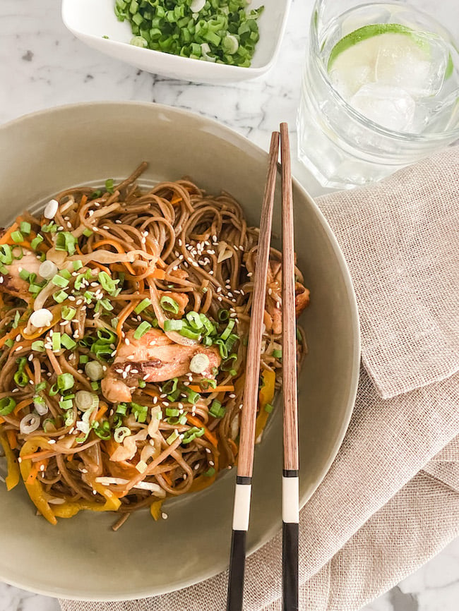 Chicken Yakisoba in a bowl with chopsticks