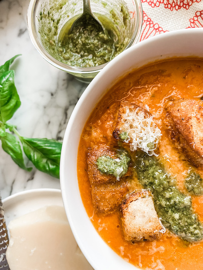 Roasted Tomato and Red Pepper Soup in a white bowl