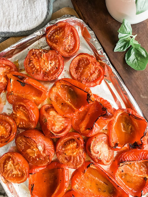 Roasted Tomatoes and Red Peppers on a baking tray