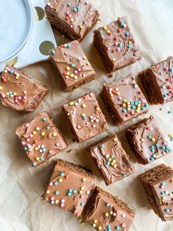 Cute Weekend Chocolate Cake with sprinkles cut up and on brown parchment paper