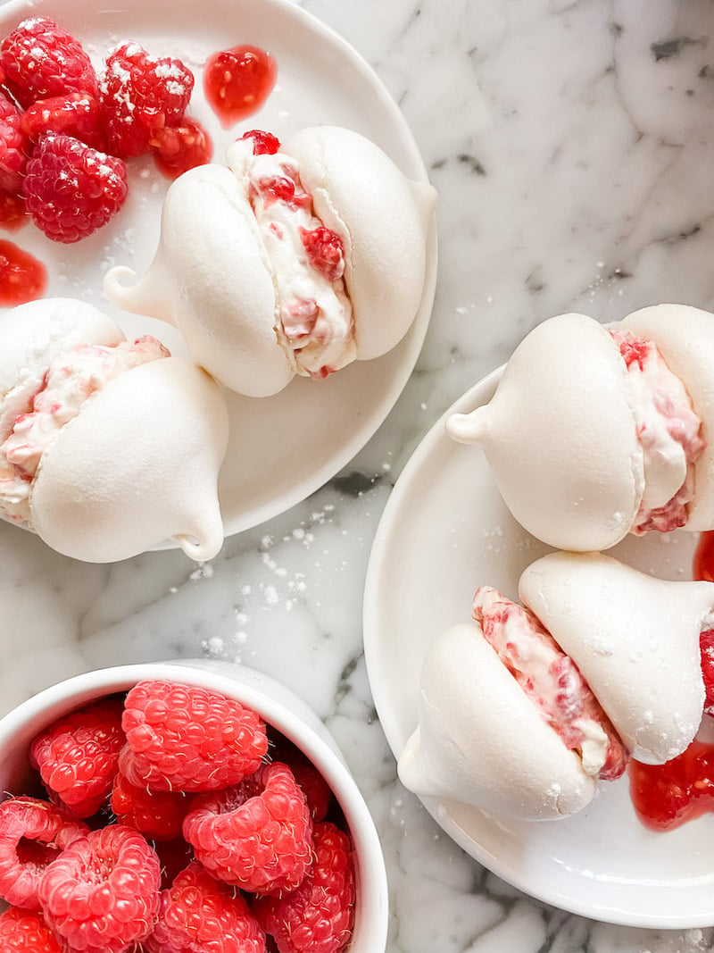 Meringue Kisses sandwiched together with raspberry cream
