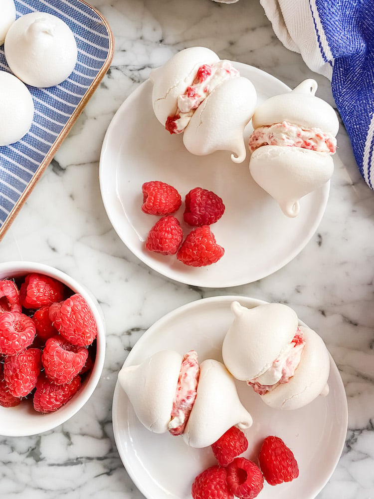 Meringue Kisses sandwiched together with raspberry cream