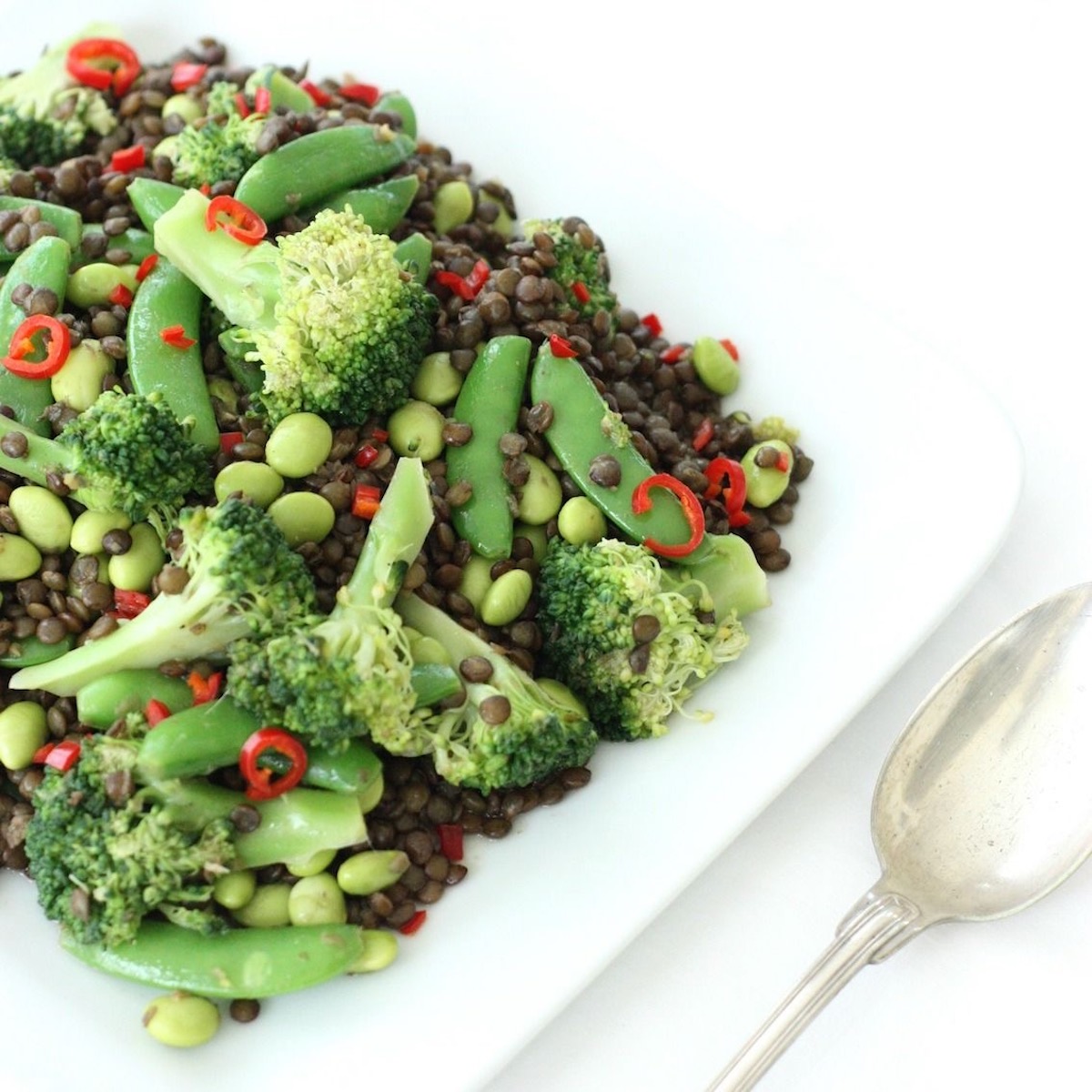 Puy lentil salad with soy beans, sugar snap peas & broccoli recipe