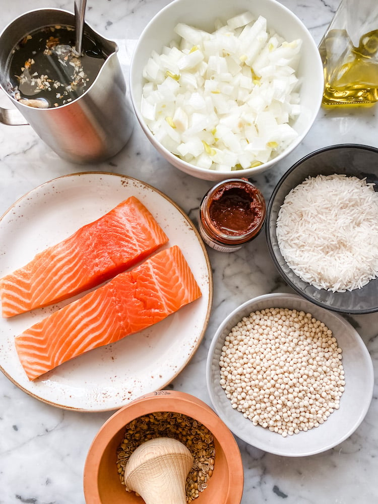 Ingredients for Slow Cooker Harissa Salmon Kedgeree